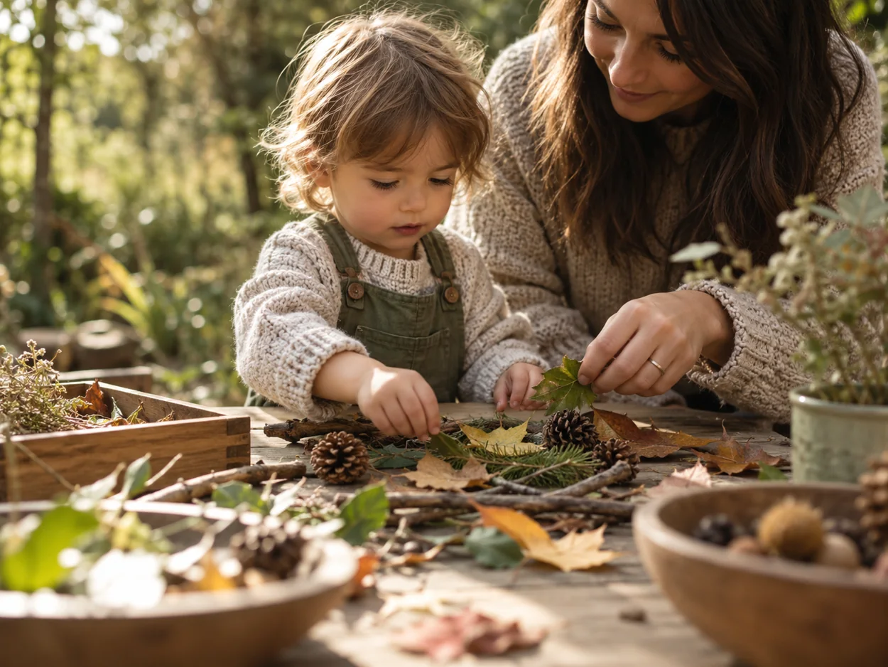 A parent and young child exploring leaves and nature materials together